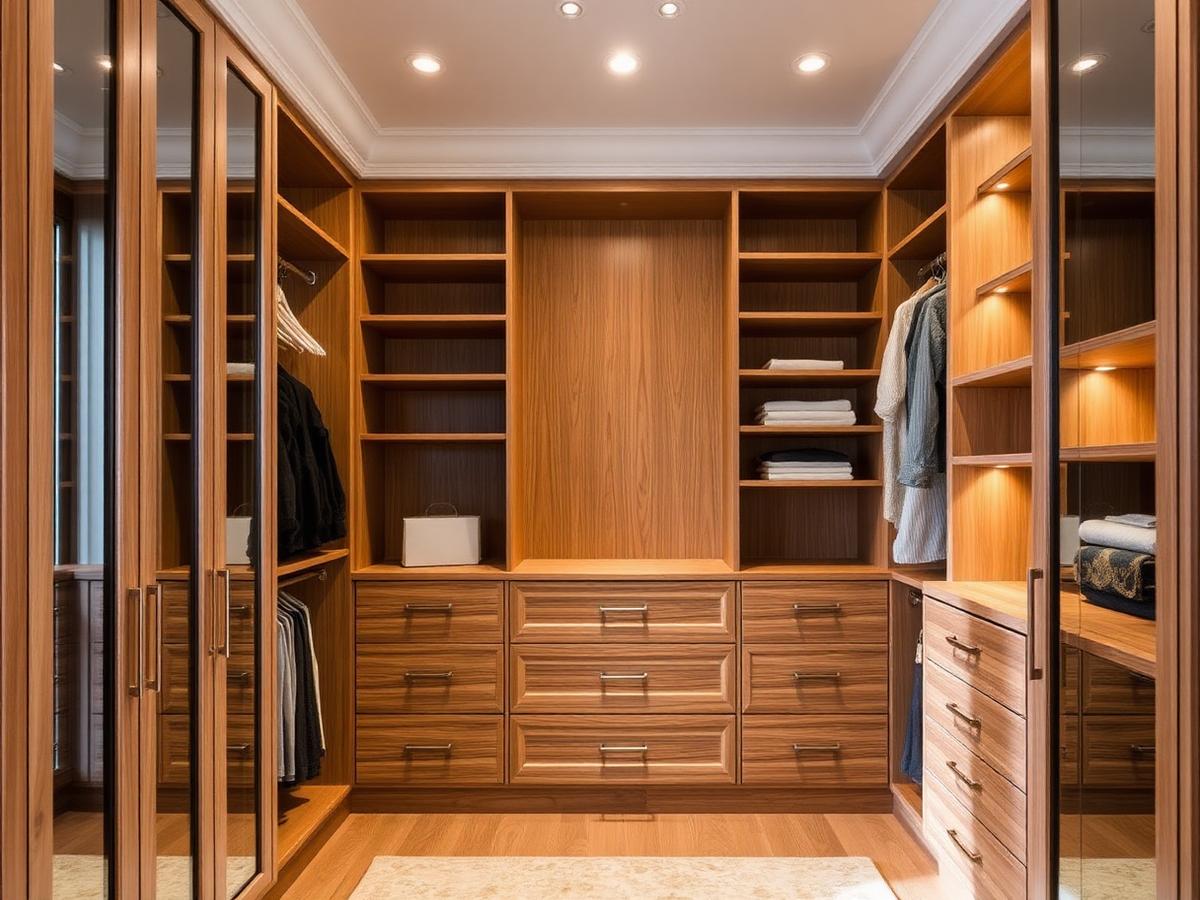Custom built-in walk-in wardrobe with timber shelving